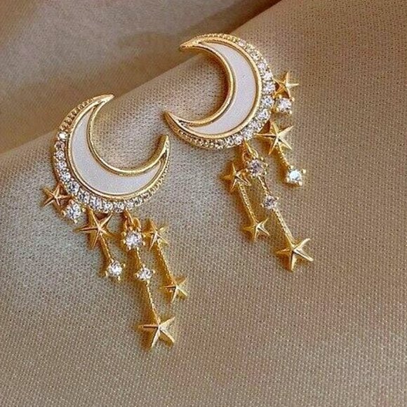 Other - NWT Gold Earrings Stud Dangle Gold Stars Moon Space - WOMEN GIRLS PIERCED